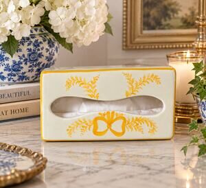 Vintage Il Quadrifoglio Italy Ceramic Tissue Holder Yellow Floral Bow Florentine